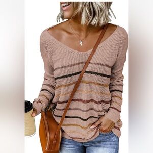 Dokotoo Womens Spring Fall Color Block Stripes V-Neck Long Sleeve Knit Sweater